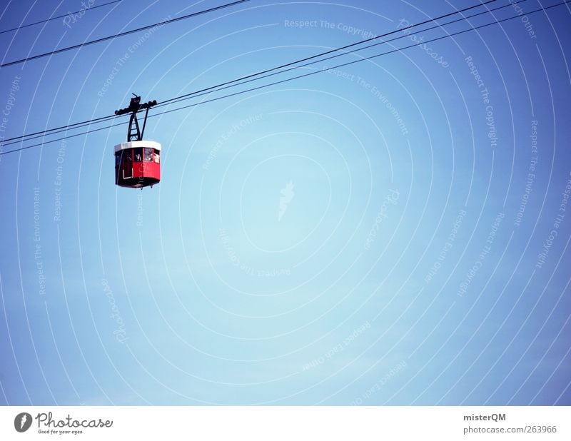 High up. Esthetic Gondola Heaven Blue sky Above Red Steel cable Tall Upward Driving Means of transport Colour photo Exterior shot Detail Deserted