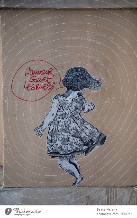 "Love in the streets": dancing girl Living or residing Art Paris Building Wall (barrier) Wall (building) Dress Hair and hairstyles Concrete Observe Communicate