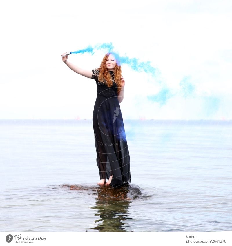 nina Feminine Woman Adults 1 Human being Water Horizon Rock Coast Baltic Sea Dress Barefoot Red-haired Long-haired Curl Torch Smoke Observe Discover To hold on