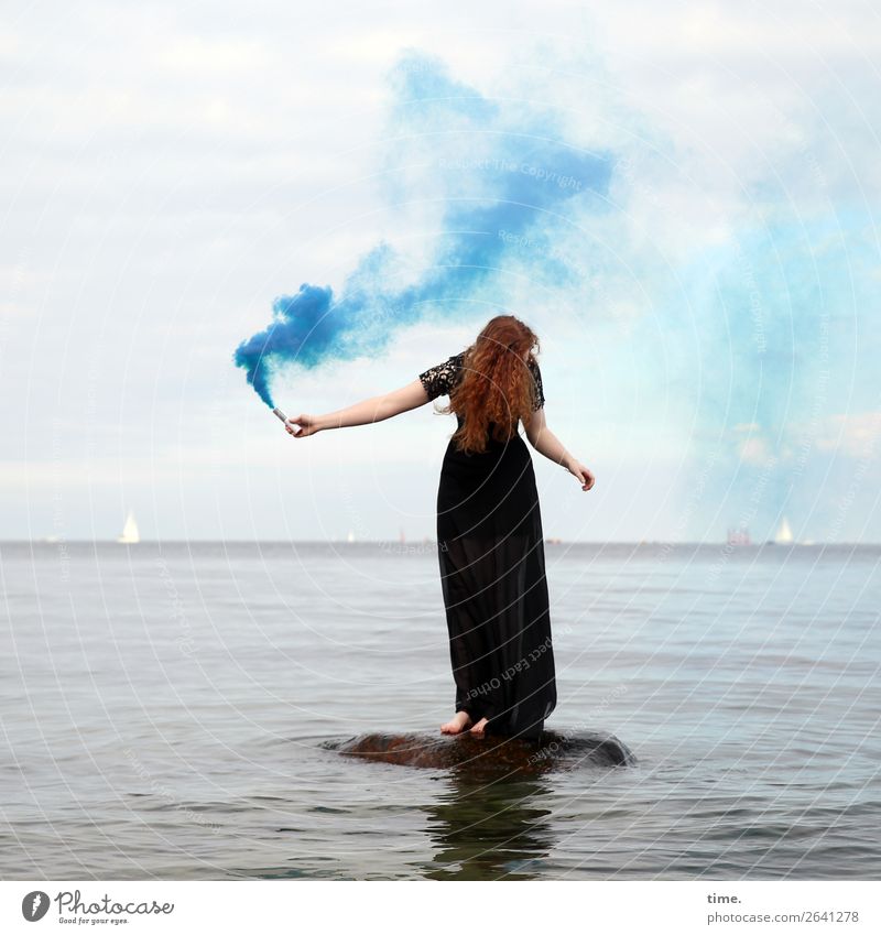nina Feminine Woman Adults 1 Human being Water Sky Horizon Coast Baltic Sea Dress Red-haired Long-haired Curl Torch Smoke Movement To hold on Stand Maritime