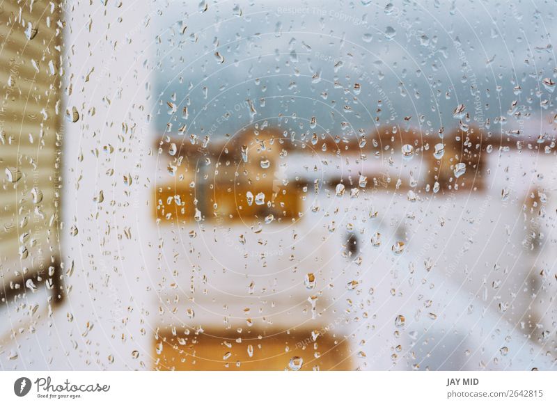 Window with raindrops on it overlooking the terrace Sky Clouds Bad weather Storm Rain Terrace Sadness Gloomy Gray Colour windows Home cold sad oustside tropic