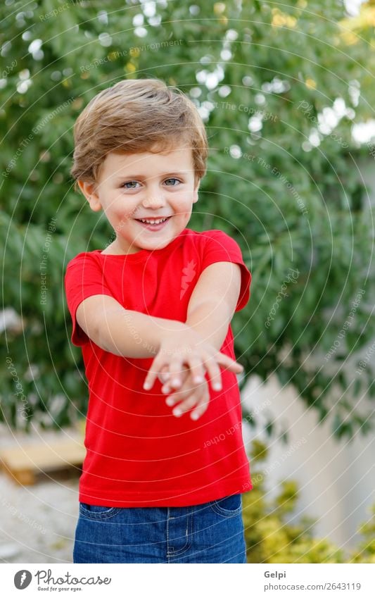 Happy child with red t-shirt in the garden Joy Beautiful Summer Sun Garden Child Human being Baby Toddler Boy (child) Family & Relations Infancy Nature Grass