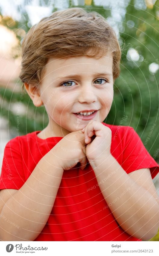 Happy child with red t-shirt in the garden Joy Beautiful Summer Sun Garden Child Human being Baby Toddler Boy (child) Family & Relations Infancy Nature Grass