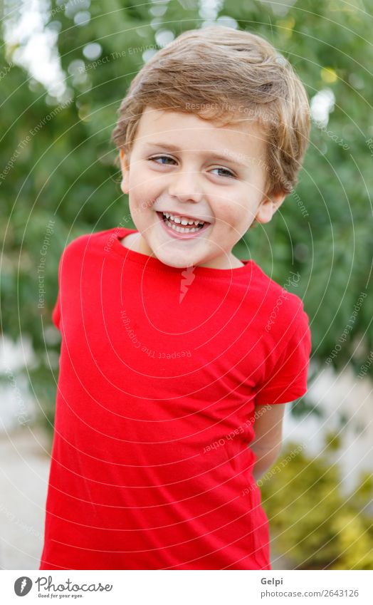 Happy child with red t-shirt in the garden Joy Beautiful Summer Sun Garden Child Human being Baby Toddler Boy (child) Family & Relations Infancy Nature Grass