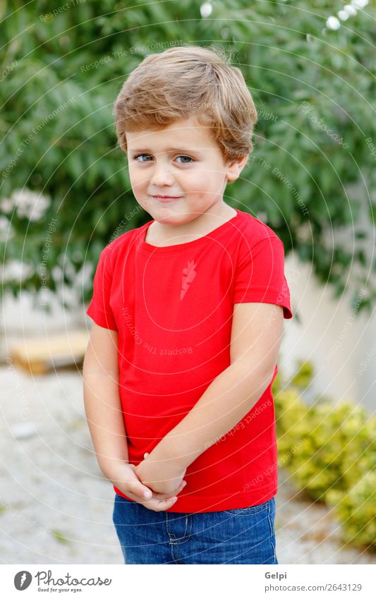 Happy child with red t-shirt in the garden Joy Beautiful Summer Sun Garden Child Human being Baby Toddler Boy (child) Family & Relations Infancy Nature Grass