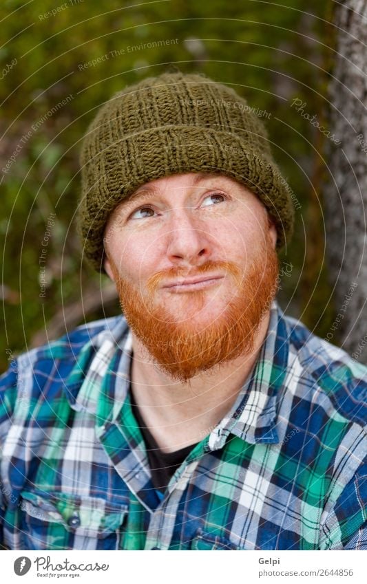 Portrait of a hipster guy thinking in the forest Style Hair and hairstyles Human being Man Adults Nature Plant Tree Forest Hat Red-haired Moustache Beard Old