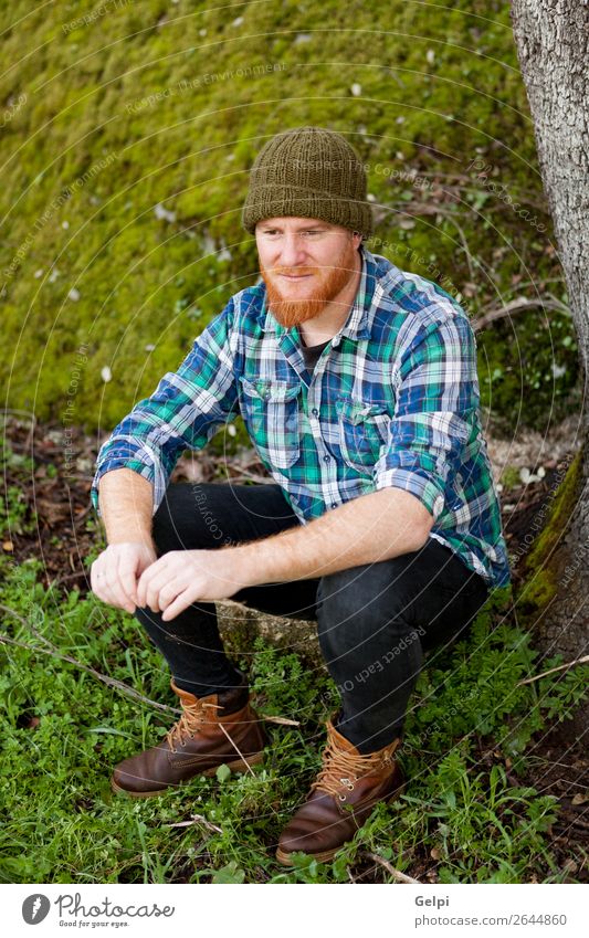 Portrait of a hipster guy thinking in the forest Style Hair and hairstyles Human being Man Adults Nature Plant Tree Forest Hat Red-haired Moustache Beard Old