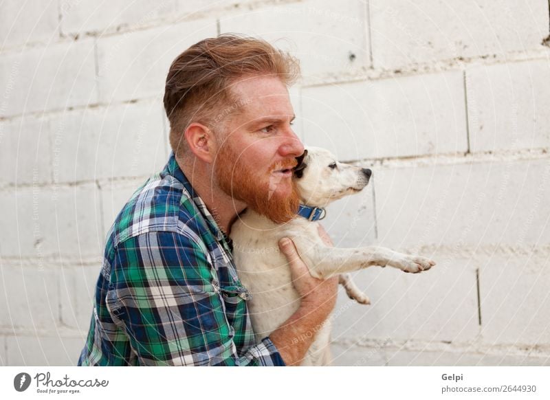 Red haired guy with his dog Lifestyle Joy Happy Leisure and hobbies Human being Boy (child) Man Adults Friendship Animal Park Fur coat Red-haired Beard Pet Dog