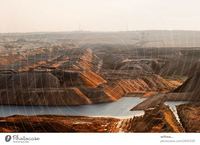 Open pit lignite mine waste rock pile landscape Slagheap Soft coal mining Soft coal dredger Energy crisis Climate change Renewable energy Fine particles