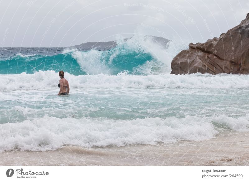 the perfect wave Waves Seychelles Ocean Woman Surf granite rocks Rock anse patates La Digue Turquoise Vacation & Travel Travel photography Beach Relaxation