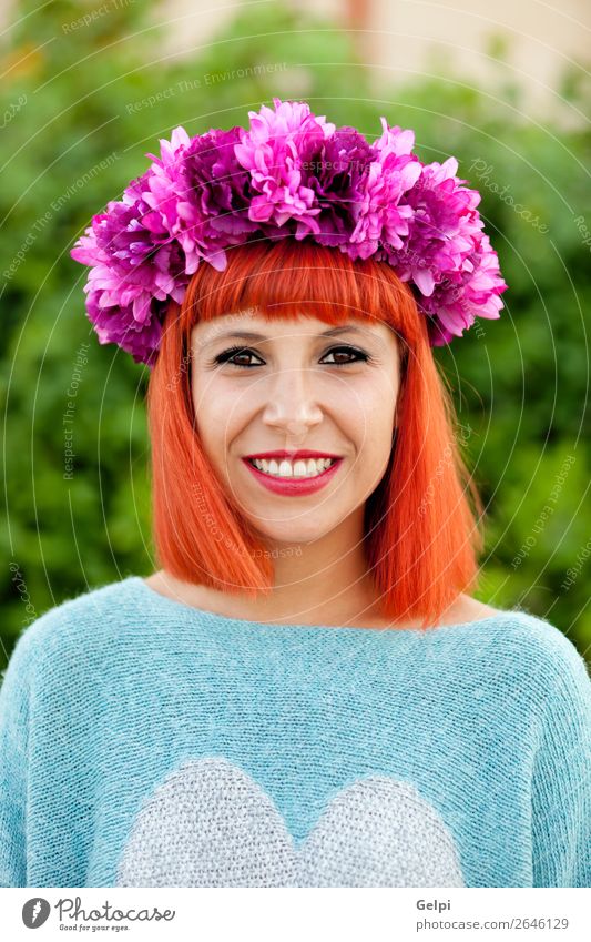 Attractive red haired girl with wreath of flowers Lifestyle Style Joy Happy Beautiful Hair and hairstyles Face Wellness Calm Summer Human being Woman Adults