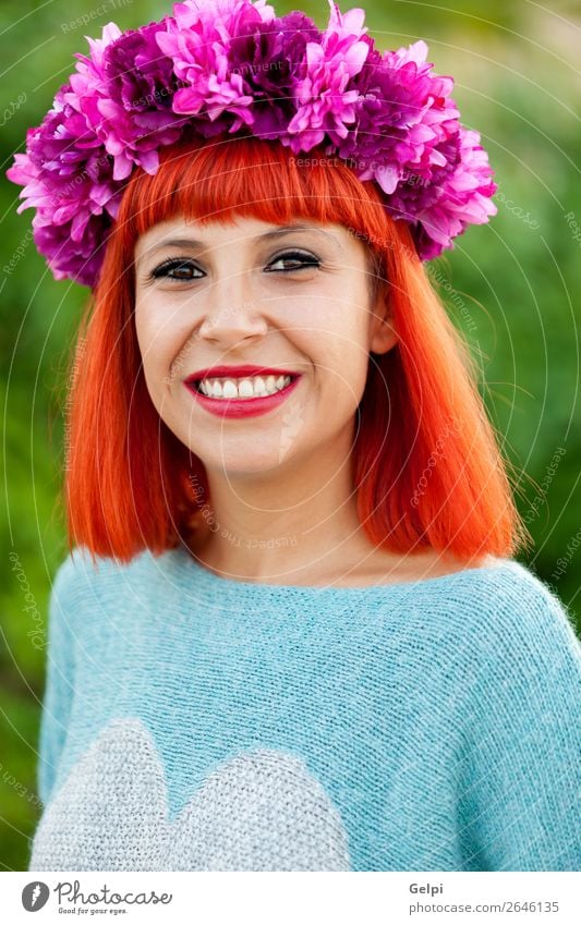 Attractive red haired girl with wreath of flowers Lifestyle Style Joy Happy Beautiful Hair and hairstyles Face Wellness Calm Summer Human being Woman Adults