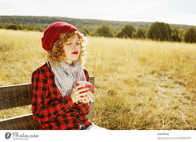 Front portrait of a young woman in red plaid Breakfast Beverage Drinking Hot drink Coffee Tea Lifestyle Joy Wellness Well-being Relaxation Calm