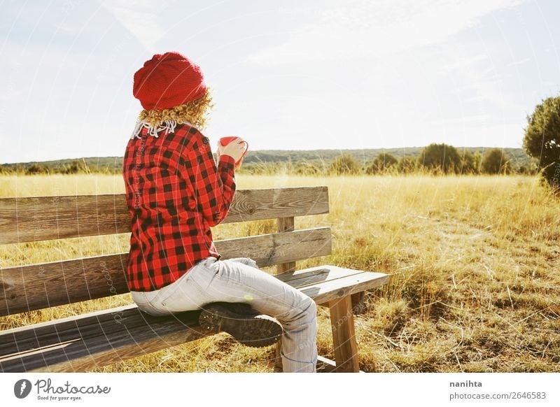 young woman from behind having breakfast outdoors Breakfast Beverage Hot drink Coffee Tea Lifestyle Relaxation Calm Vacation & Travel Adventure Far-off places