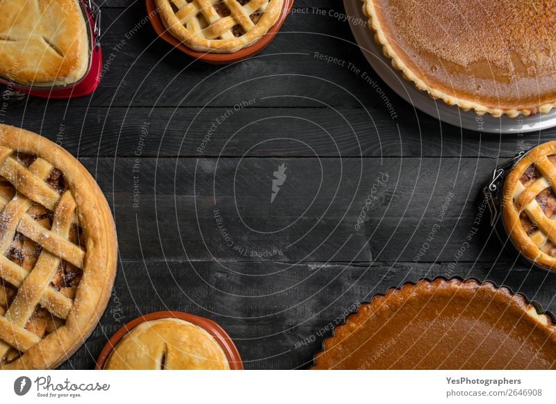Various traditional pies. Top view with copy space Cake Dessert Candy Table Kitchen Feasts & Celebrations Thanksgiving Wood Exceptional Sweet Many Black