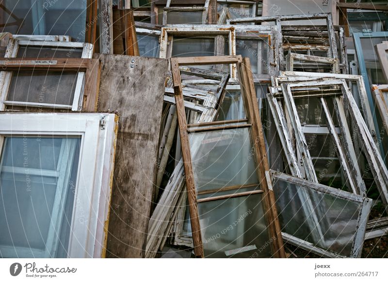 waste glass Window Wood Glass Old Firm Trashy Blue Brown White Chaos Town Transience Change windows Colour photo Subdued colour Exterior shot Deserted Contrast