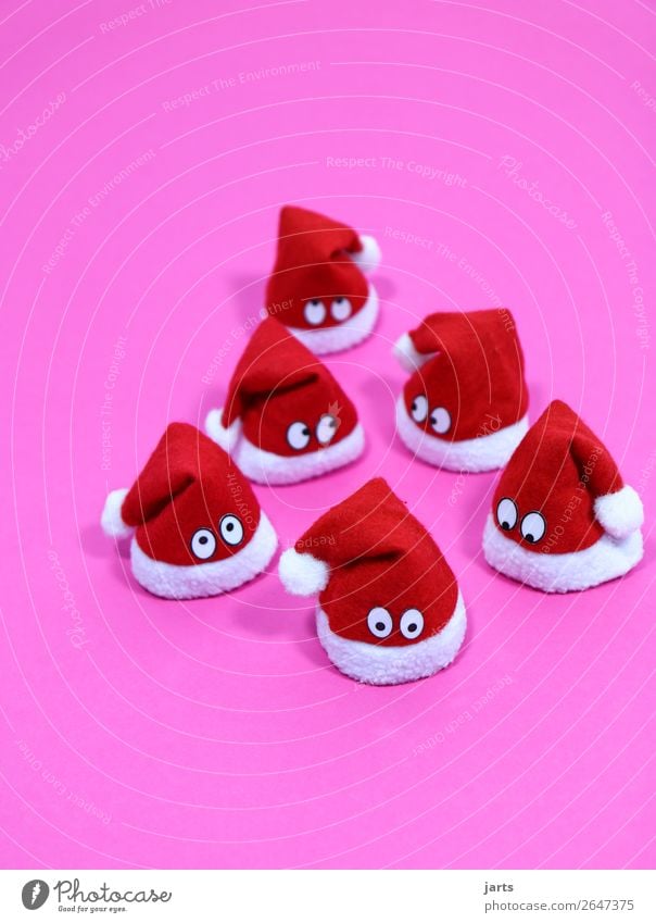 christmas team pink V Christmas & Advent Cap Looking Funny Cute Pink Red White Curiosity Surprise Santa Claus hat Eyes Colour photo Interior shot Studio shot