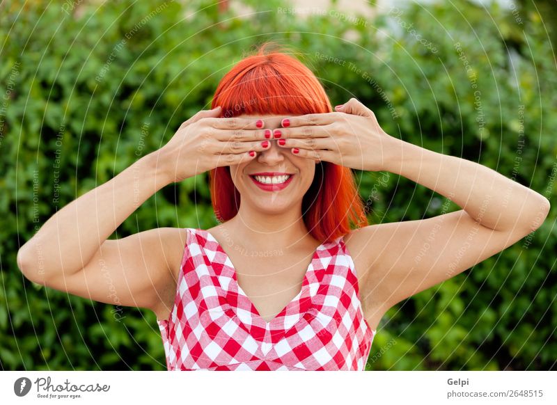 Red haired woman covering her eyes Lifestyle Style Joy Happy Beautiful Hair and hairstyles Face Wellness Calm Playing Summer Human being Woman Adults Nature