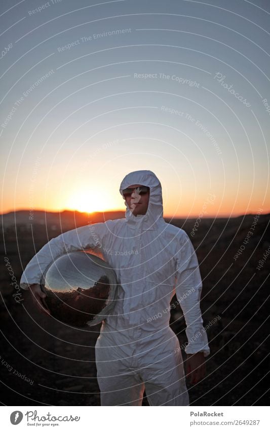 #AS# Big marble Human being Masculine Young man Youth (Young adults) Esthetic Suit Costume Carnival costume Mars Astronaut Discover Silver Helmet Moon Sunset