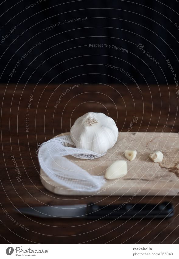 garlic. Vegetable Garlic Garlic bulb Clove of garlic Esthetic Knives Chopping board Colour photo Interior shot Studio shot Deserted Copy Space top