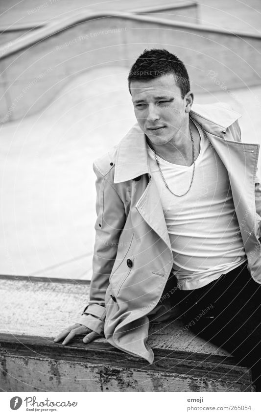 BW Masculine Young man Youth (Young adults) 1 Human being 18 - 30 years Adults Fashion Jacket Esthetic Beautiful Sit Concrete Town Black & white photo