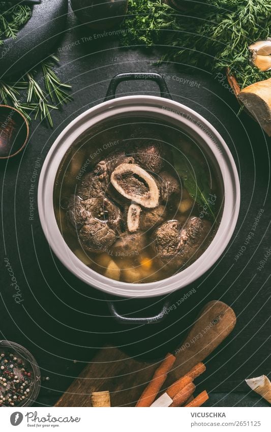 Beef broth in saucepan with boiled beef leg slice Food Meat Vegetable Herbs and spices Nutrition Lunch Dinner Organic produce Crockery Pot Style Design Kitchen