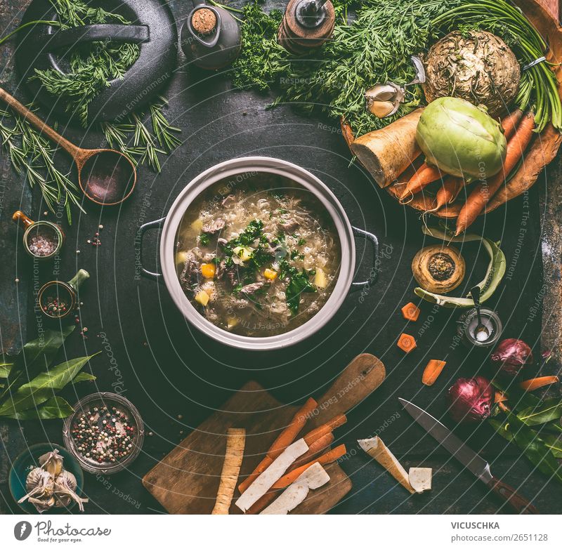 Cabbage soup or stew with ingredients Food Meat Vegetable Soup Stew Nutrition Lunch Organic produce Crockery Pot Design Living or residing Table Restaurant