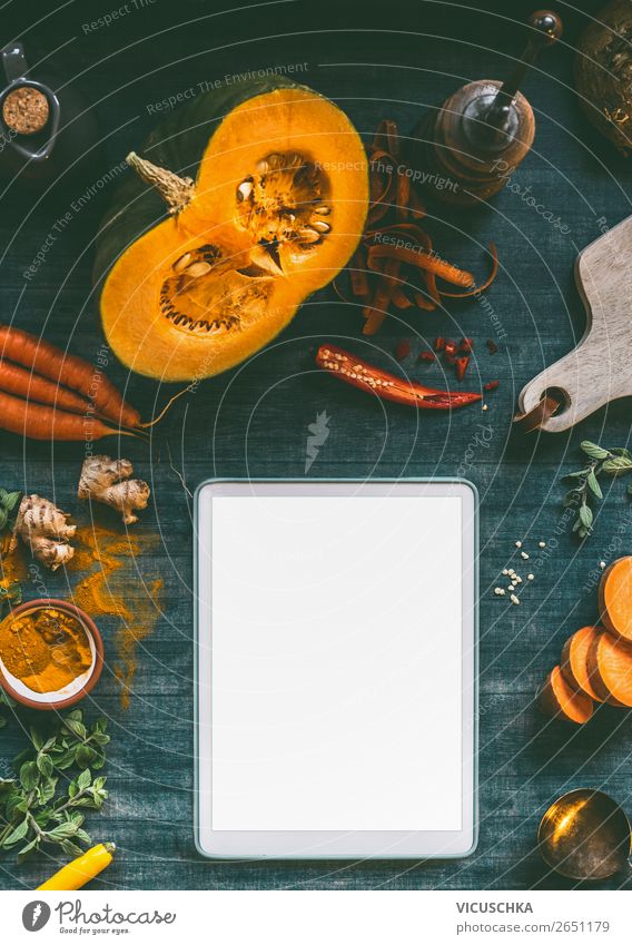 Tablet PC mockup for pumpkin dishes Food Vegetable Herbs and spices Nutrition Lunch Dinner Organic produce Vegetarian diet Diet Crockery Style Design