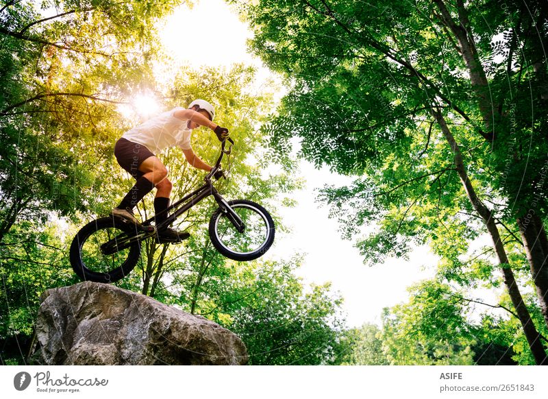 Young cyclist making tricks in a rock in the forest Freedom Summer Mountain Sports Cycling Man Adults Nature Tree Forest Rock Jump Strong Rider bike Extreme