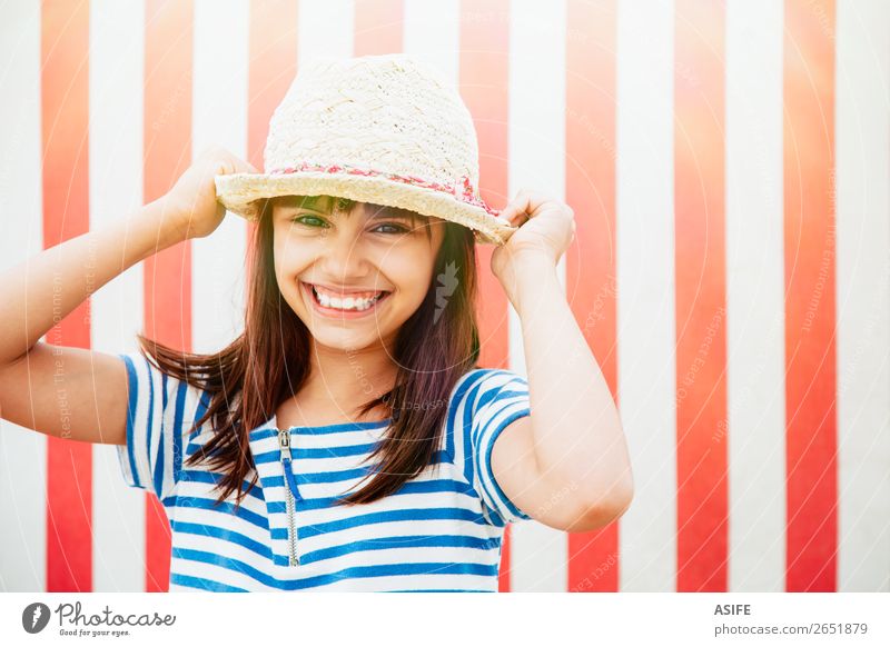 Happy little girl ready for vacation Beautiful Vacation & Travel Summer Beach Child Dress Hat Brunette Smiling Laughter Funny Cute Blue Red kid cheerful