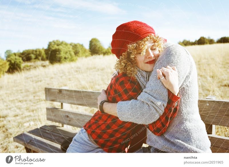 A couple of happy young millennials in love Lifestyle Happy Relaxation Calm Sunbathing Human being Woman Adults Man Couple Partner Youth (Young adults) Autumn