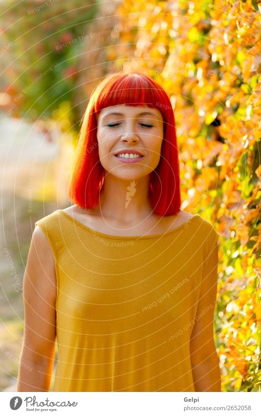 Beautiful red haired woman with closed eyes in a park Lifestyle Style Happy Hair and hairstyles Face Wellness Calm Summer Human being Woman Adults Nature Plant