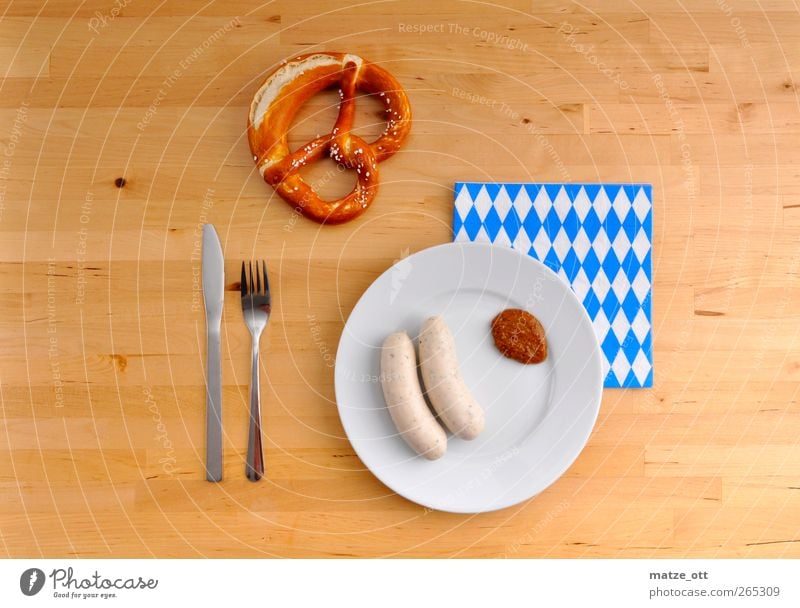 Snack in Bavarian Food Sausage Nutrition Breakfast Crockery Plate Knives Fork Wood To enjoy Veal sausage Mustard Pretzel Napkin Cutlery Breakfast table