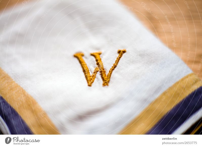 W Letters (alphabet) Characters Write initial Embroider embroidered Sewing thread Gold Yellow Handkerchief Handcrafts Housekeeping Typography Jewellery Name