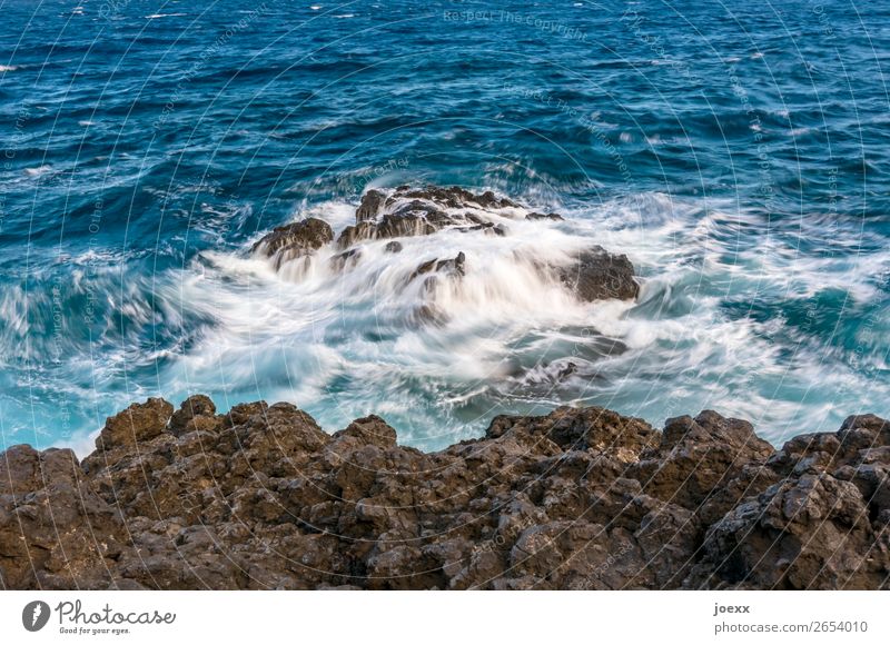 You stay Water Rock Waves Ocean Sharp-edged Firm Fluid Blue Brown White Colour photo Exterior shot Deserted Day Contrast Deep depth of field