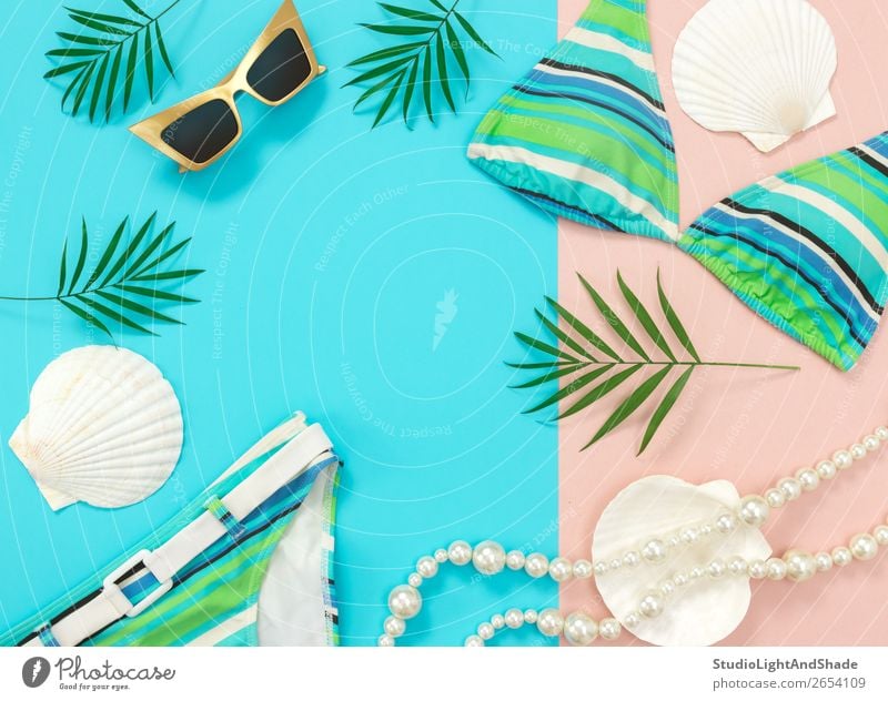 Summer fashion flat lay on blue and pink background Luxury Elegant Style Design Exotic Beautiful Vacation & Travel Beach Ocean Feminine Plant Tree Leaf Fashion