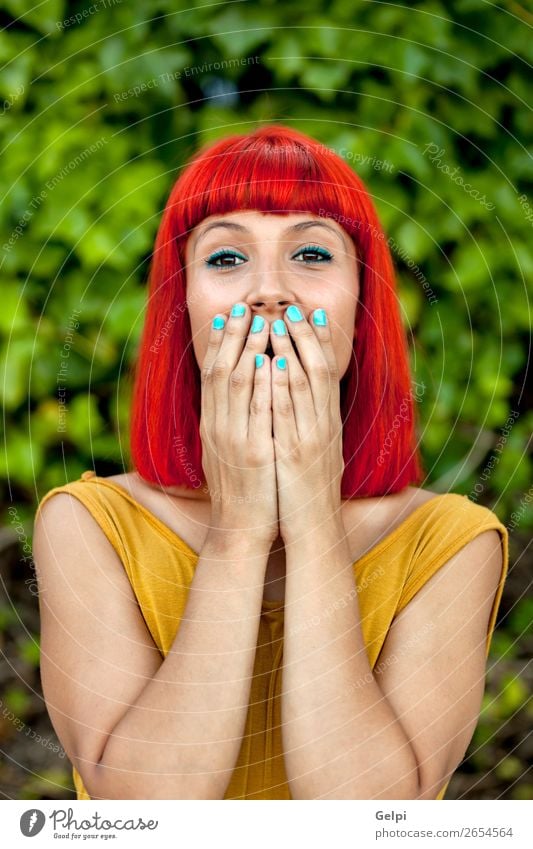Surprised red haired woman in a park Lifestyle Style Joy Happy Beautiful Hair and hairstyles Face Wellness Summer Human being Woman Adults Nature Plant Park