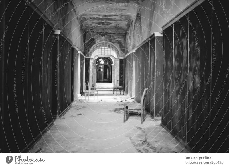 tunnel vision Chair Hallway Corridor Ruin Tunnel Wall (barrier) Wall (building) Door Old Threat Dirty Dark Broken Decline Past Transience Black & white photo