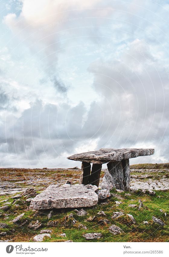 Poulnabrone Dolmen III Landscape Sky Clouds Beautiful weather Grass Rock Ireland Tomb Monument Tourist Attraction Stone Blue Green Calm HDR Colour photo