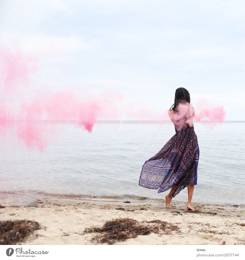 pink steam (IV) Feminine Woman Adults 1 Human being Sand Water Sky Horizon Coast Beach Baltic Sea Dress Barefoot Black-haired Long-haired Smoke Smoke signal