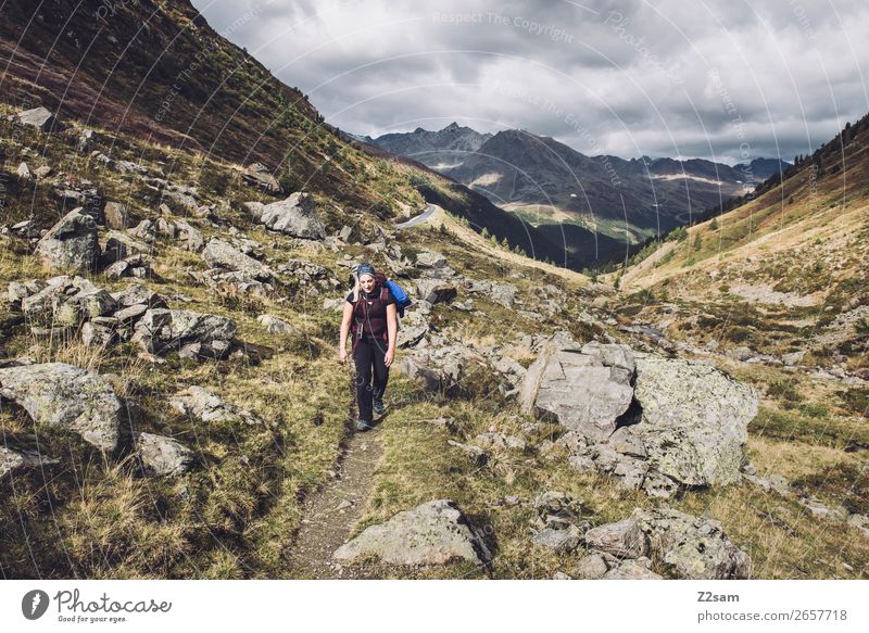 Ascent to the Timmelsjoch | E5 Hiking Sports Young woman Youth (Young adults) Nature Landscape Autumn Meadow Alps Mountain Relaxation Athletic Gigantic Power