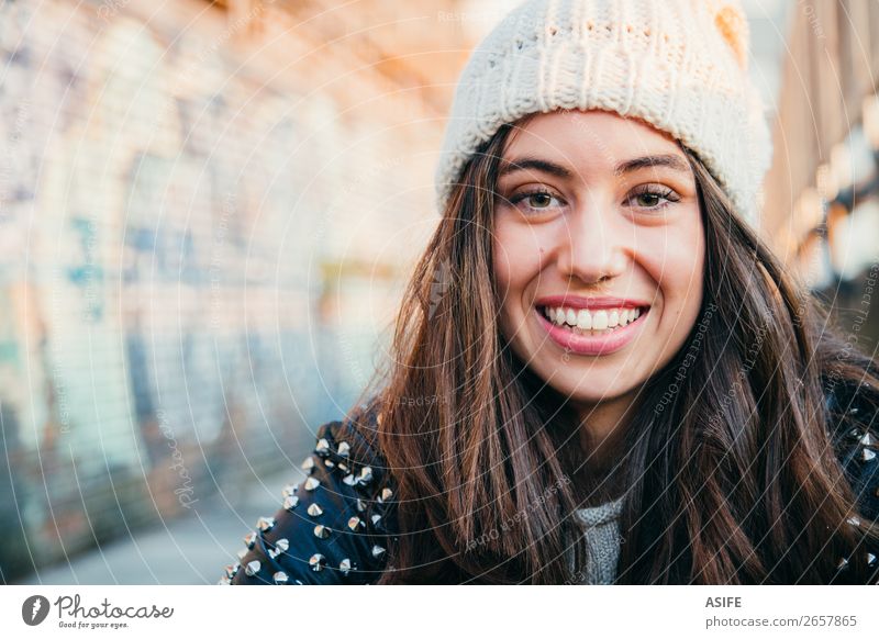 Smiling young beautiful woman Joy Happy Beautiful Face Winter Human being Woman Adults Youth (Young adults) Autumn Warmth Fashion Brunette To enjoy Laughter
