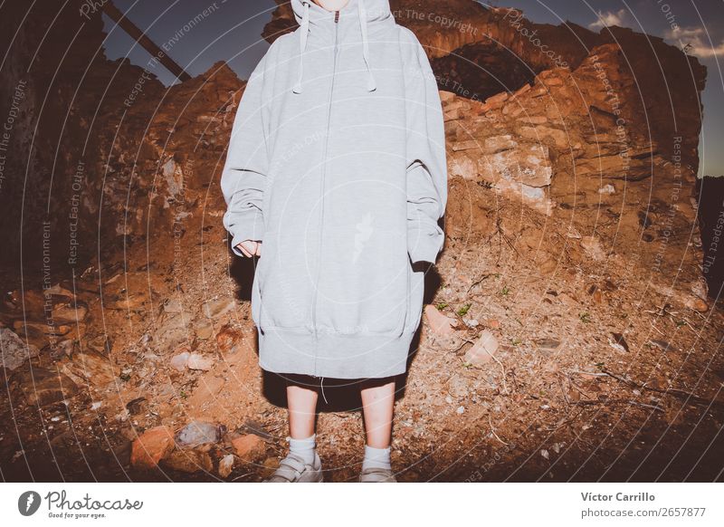 Alone Kid In front a Ruined House Child Body 1 Human being 3 - 8 years Infancy Clothing Threat Creepy Hideous Brave Colour photo Twilight Night Flash photo