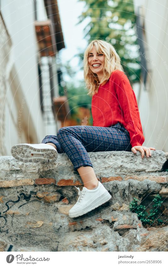 Smiling blonde girl with red shirt enjoying life outdoors Lifestyle Style Happy Beautiful Hair and hairstyles Human being Feminine Young woman
