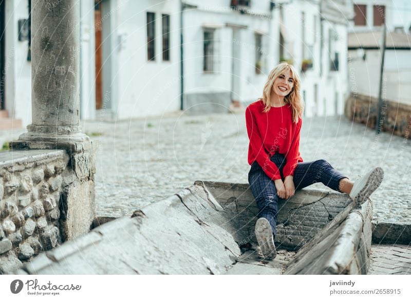 Smiling blonde girl with red shirt enjoying life outdoors. Style Beautiful Hair and hairstyles Human being Feminine Young woman Youth (Young adults) Woman