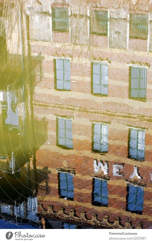 Reflection. Small Town Port City Dream house Factory Bridge Architecture Facade Balcony Window Brown Channel River Water Wall (building) Opposite Perspective