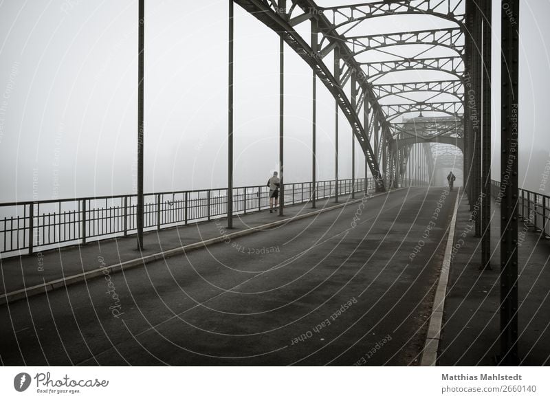 bridge in the fog Cycling Jogging Human being 2 Environment Nature Climate Fog Berlin Bridge Passenger traffic Street Driving Walking Town Gray Black White