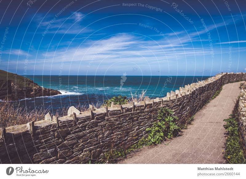 Sea view at Port Isaac in England Nature Landscape Water Sky Clouds Summer Beautiful weather Coast Outskirts Harbour Wall (barrier) Wall (building)