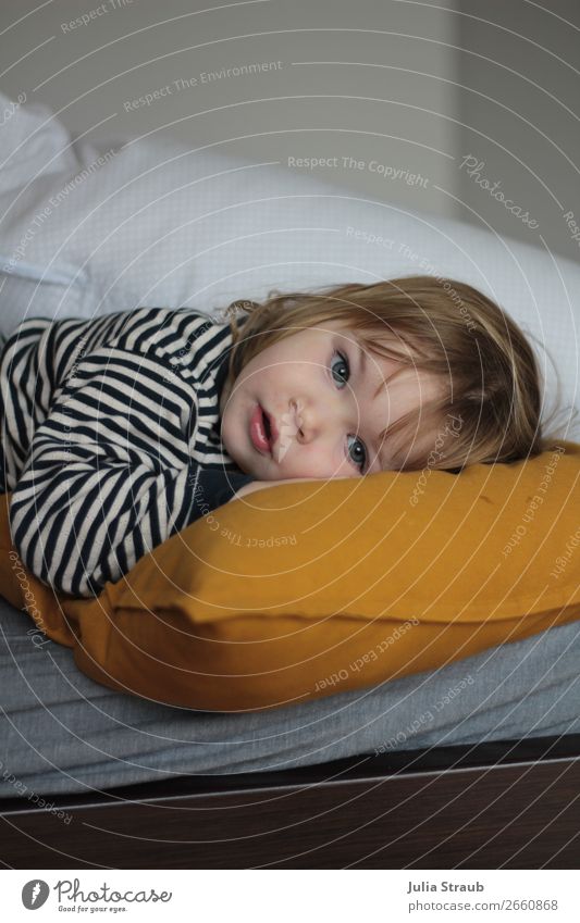 girl tired sick bed pillow Bed Bedroom Feminine Toddler Girl 1 Human being 1 - 3 years T-shirt Striped Brunette Blonde Bangs Lie Sleep Cute Yellow White Calm