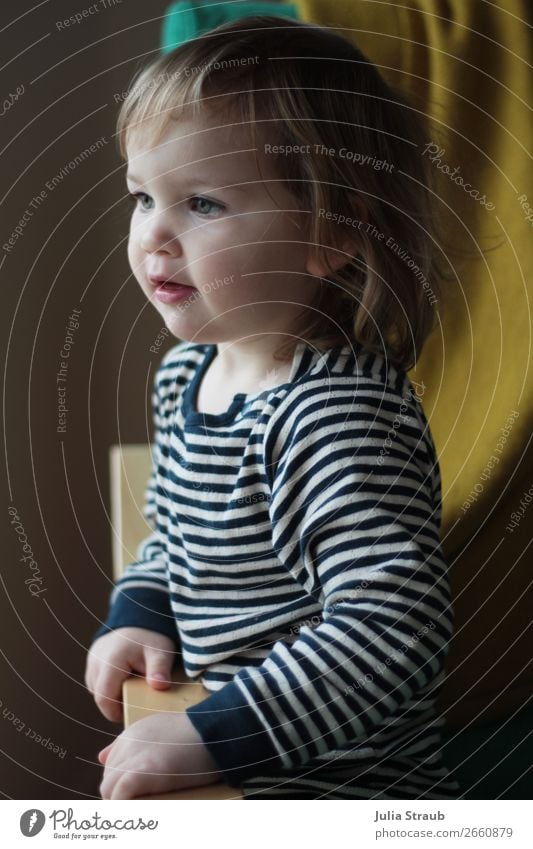 Girl with striped shirt Chair Feminine Toddler 1 Human being 1 - 3 years Sweater Brunette Long-haired Curl Bangs Observe Looking Cute Blue Green Infancy